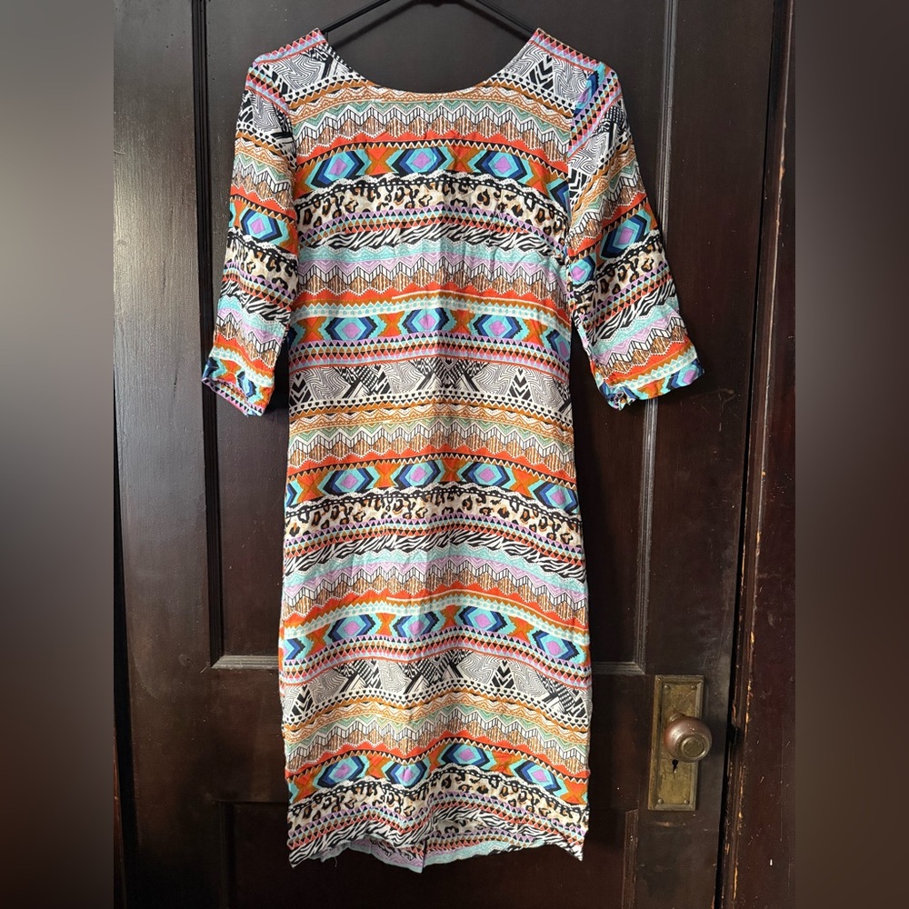 Boho-chic, patterned cotton mix dress, 3/4 sleeves, zipper in the back XS/S